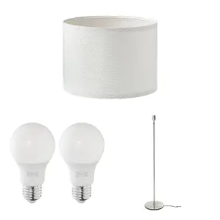RINGSTA/SKAFTET/SOLHETTA set: lamp shade + LED bulb E27 806 lumen + floor lamp base, white + dimmable/globe opal white + nickel-plated, 33 cm