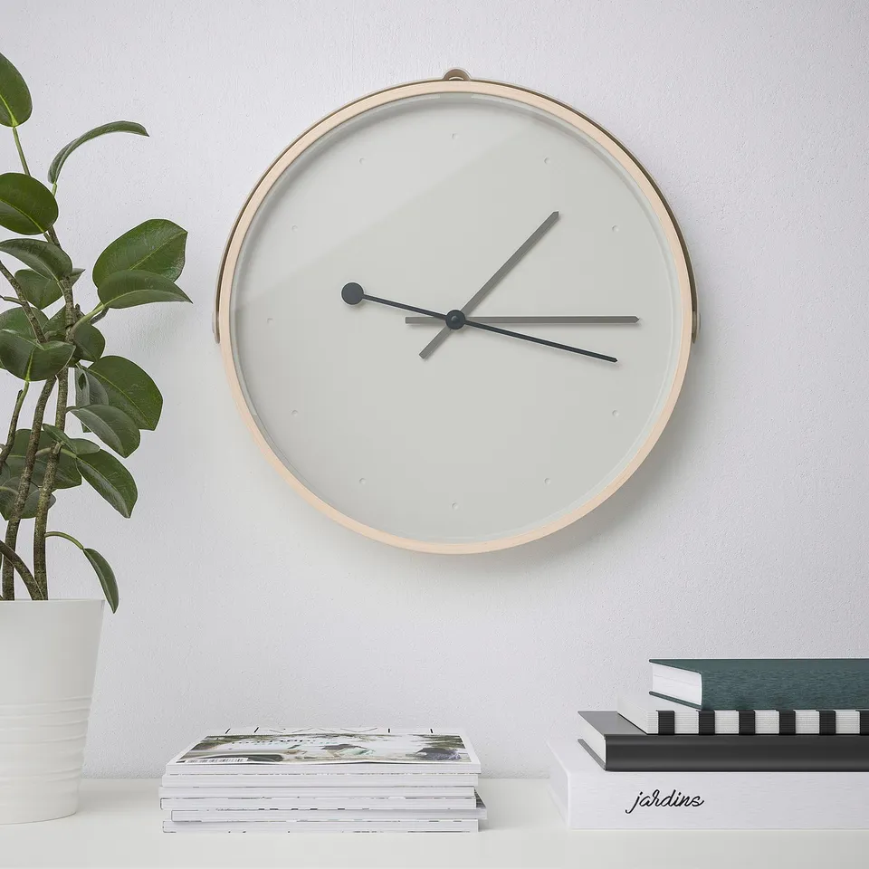 Minimal wall clock, plant, magazines, book jardins.