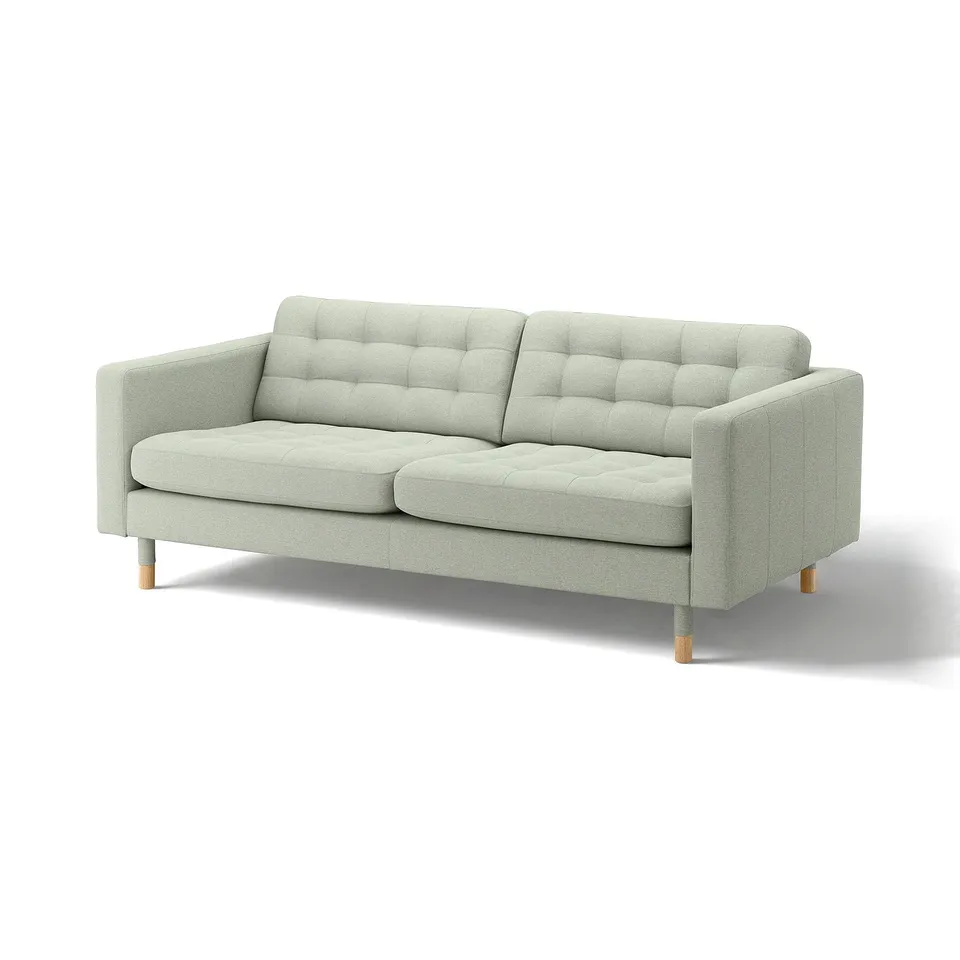 Grey upholstered sofa with wooden legs, tufted seat and back, neat and stylish design.