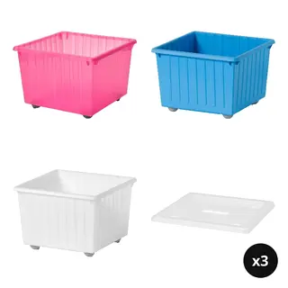 VESSLA set: storage crate with castors + storage crate with castors + storage crate with castors + lid x3, light pink + blue + white, Length 39 x Width 39 x Height 28 cm