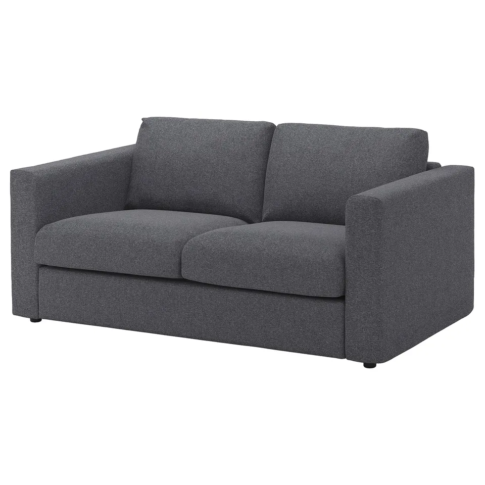A compact grey VIMLE loveseat, featuring a modern design with a comfortable, upholstered fabric made from recycled materials.