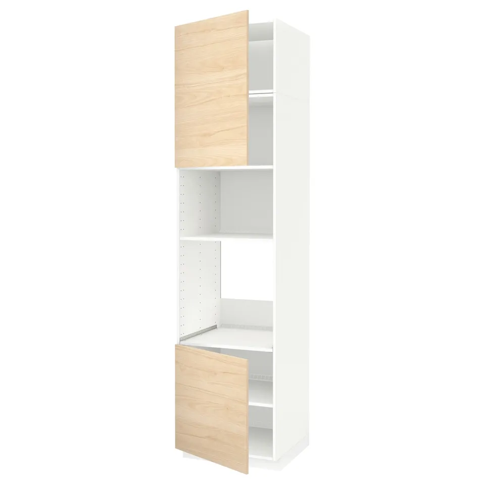 White cabinets with light wood doors, tall open shelf, modular design.