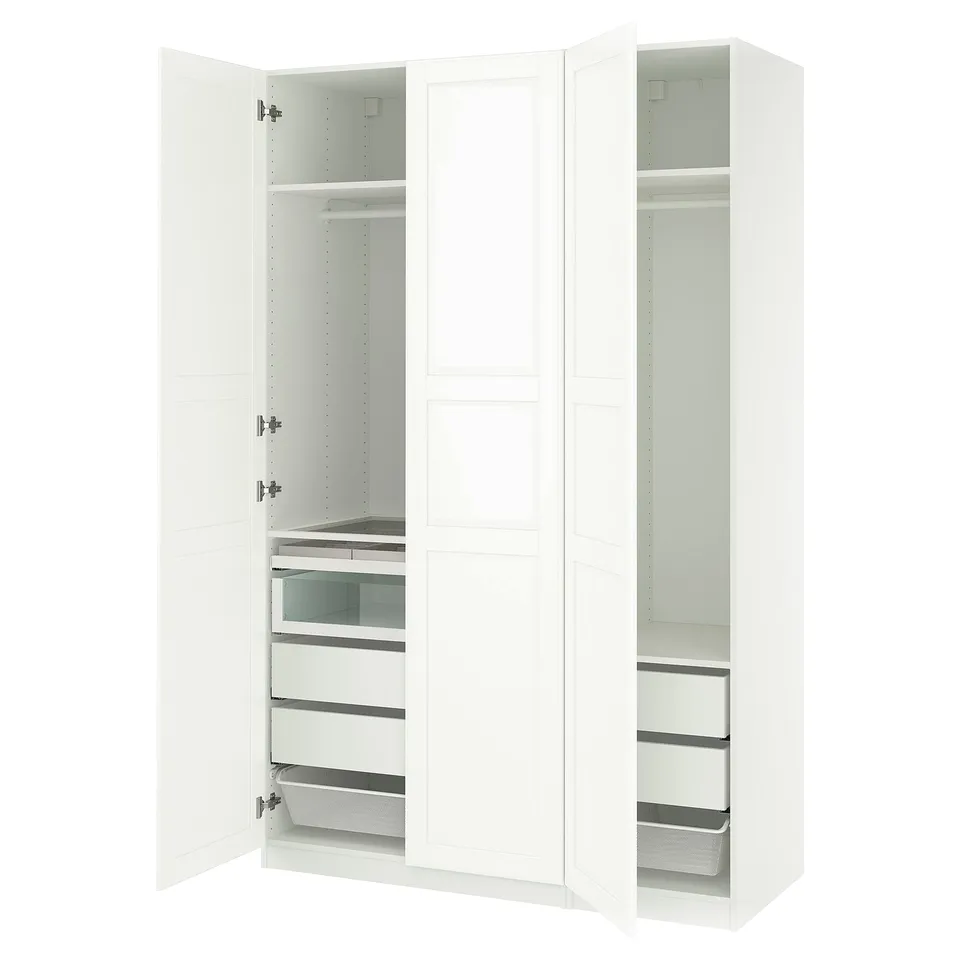 A white IKEA PAX wardrobe with mirrored doors, drawers, and shelves inside.