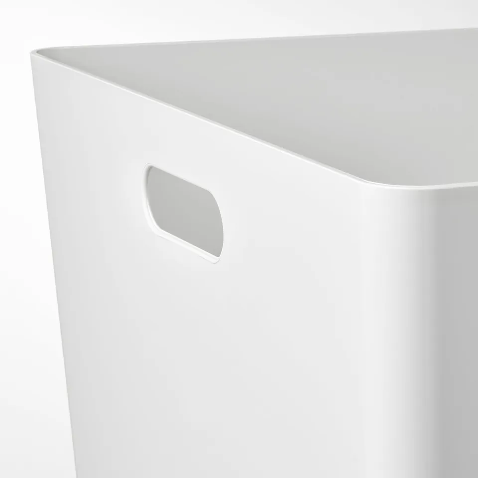 Close-up of KUGGIS large storage bin, made of durable recycled plastic, clean design with side handle.
