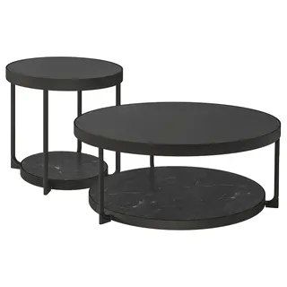 FRÖTORP coffee table/side table, set of 2, anthracite marble effect/black glass