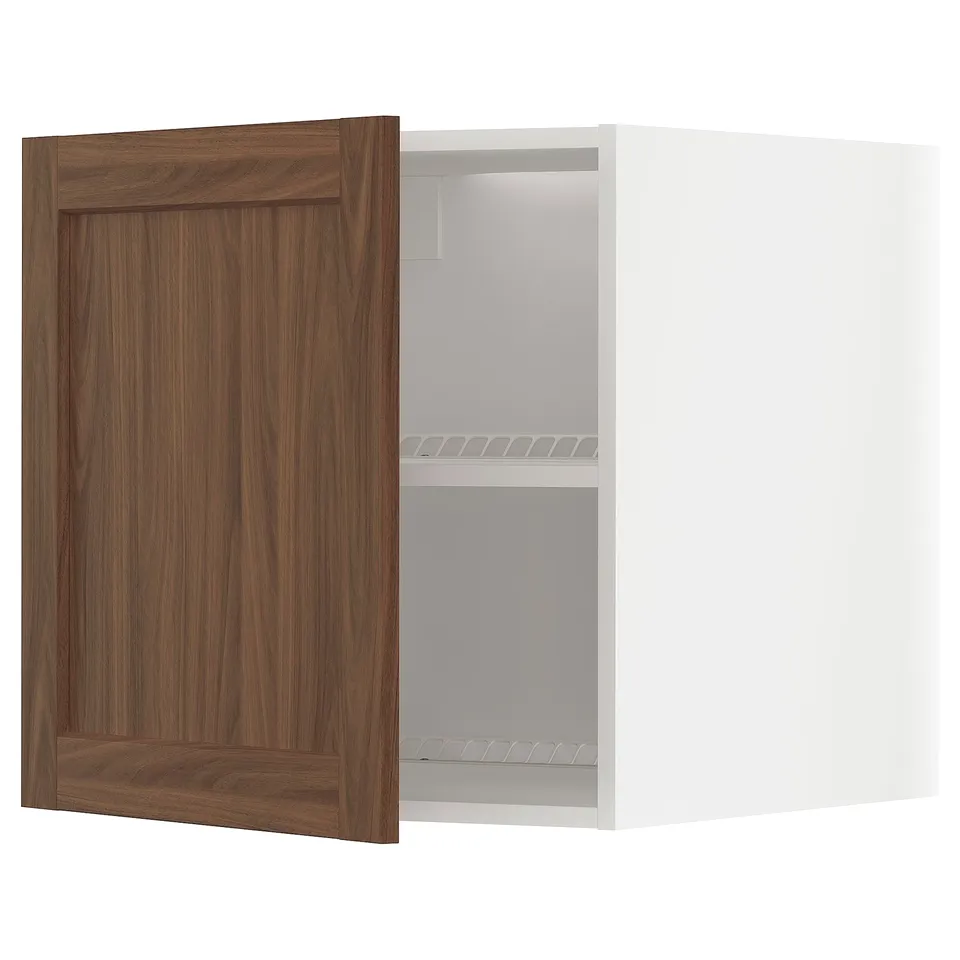 METOD kitchen unit with walnut-brown doors, white interior and single shelf.