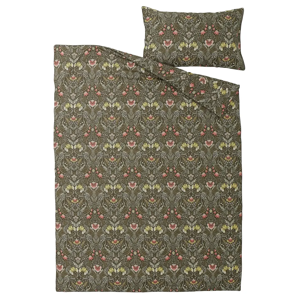 KÄRRDUNÖRT duvet set, dark green with floral print, cotton-lyocell, rectangular, intricate design.