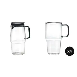 jug x1 + 520ml glass with handle x4 set: jug with lid + glass with handle ×4, clear glass, Height 22 cm