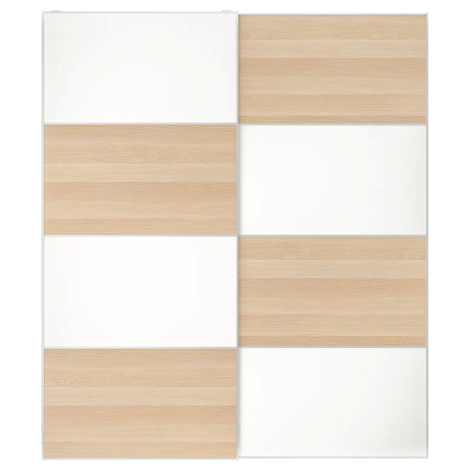 MEHAMN bi-color wardrobe door panel. Light wood and white, rectangular, sliding panels.
