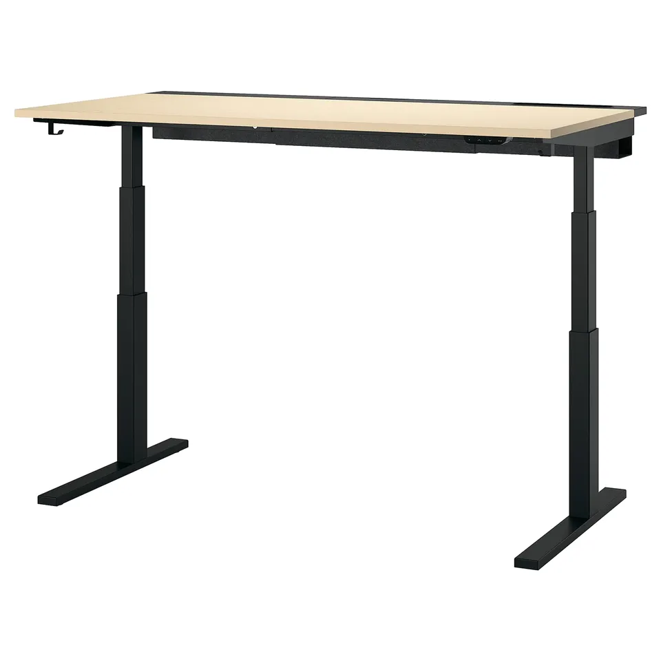 MITTZON sit-stand desk, black legs, light wood top, ergonomic, adjustable height.