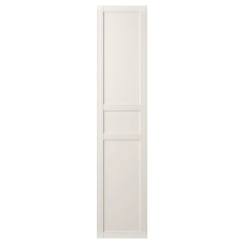 Flsiberget door, matte white, fiberboard, three panels, subtle grooves.