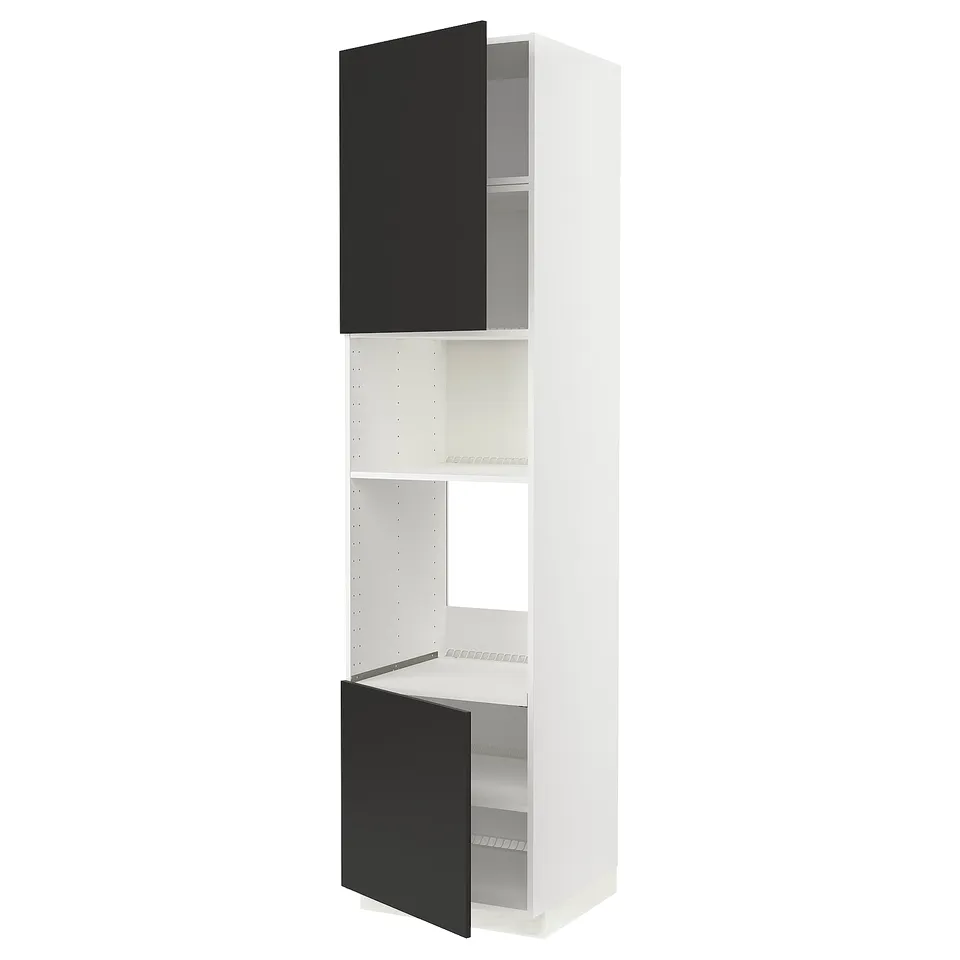 A white METOD kitchen cabinet with matt black doors. The cabinet has two adjustable shelves and doors on both sides.