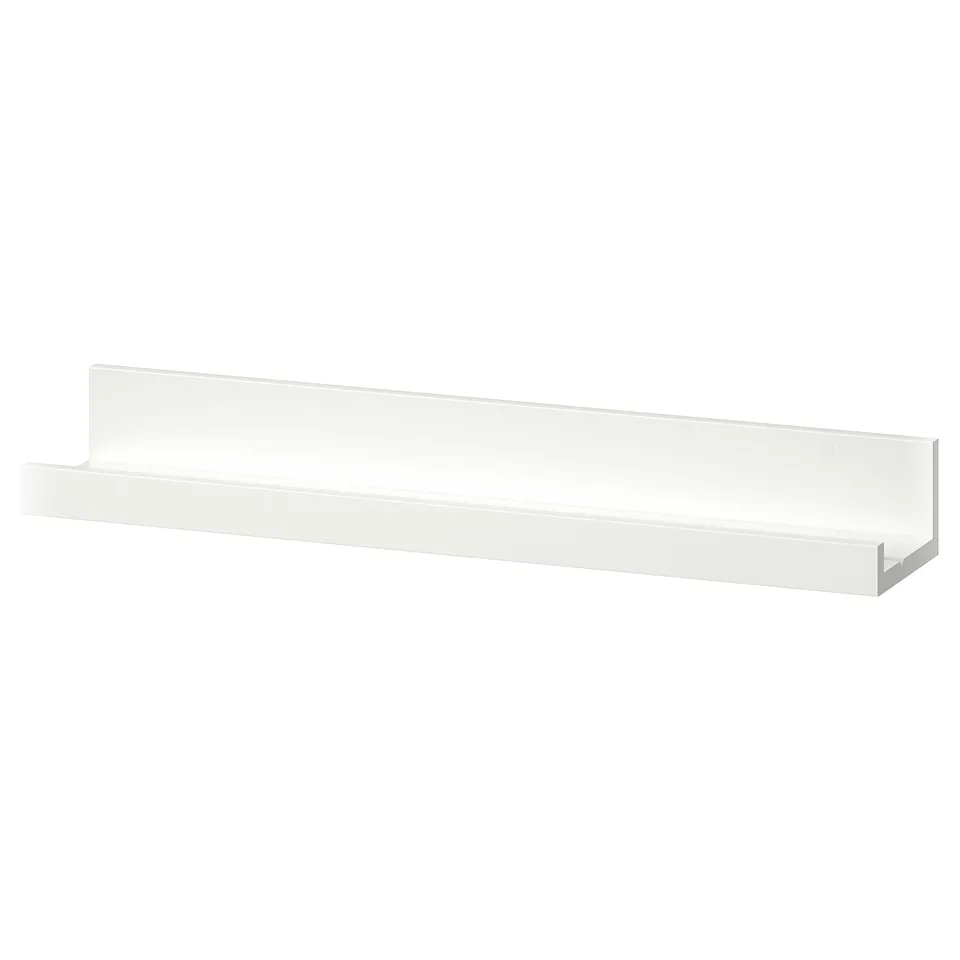 A white MOSSLANDA wall shelf. Its a rectangular shape with a groove for holding items. Made of fibreboard and paper foil.