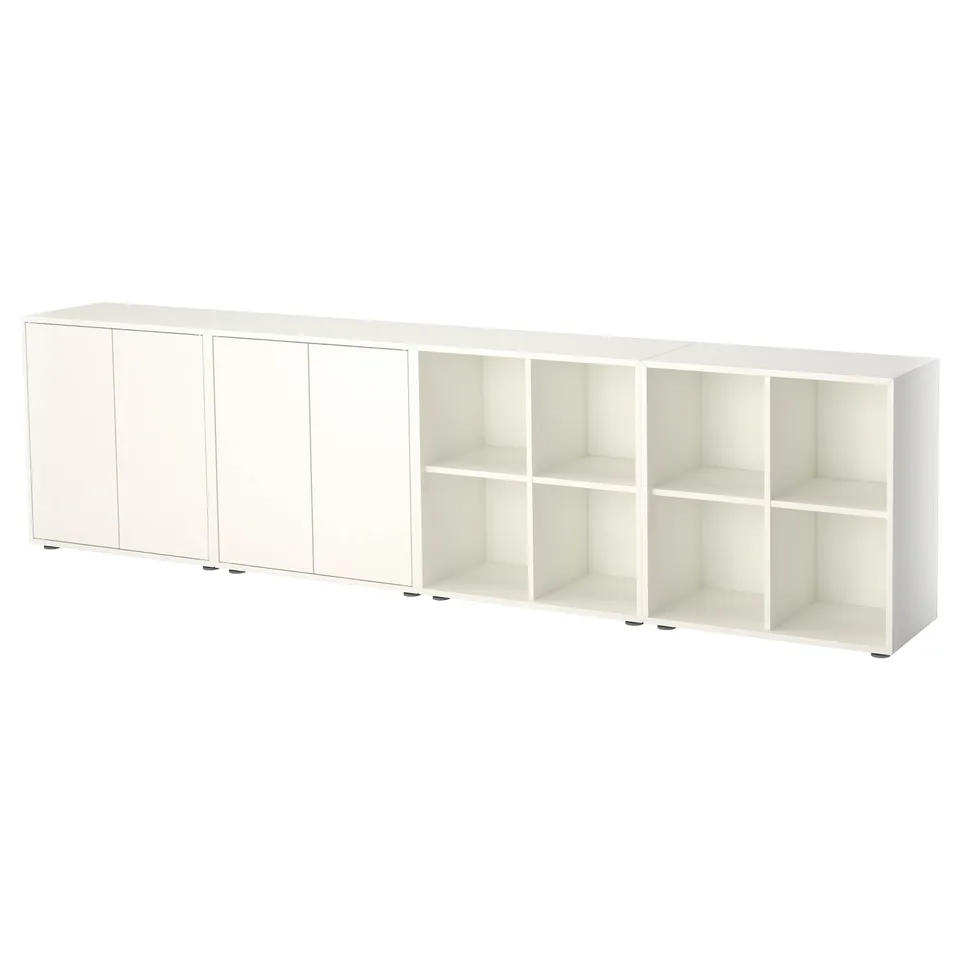 White EKET storage unit: mix of closed & open shelves for versatile home organisation.