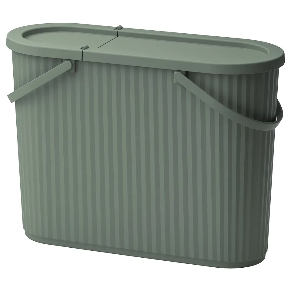 Green DAMMÄNG bin, rectangular with striped texture, lid, and carry handles for waste sorting.