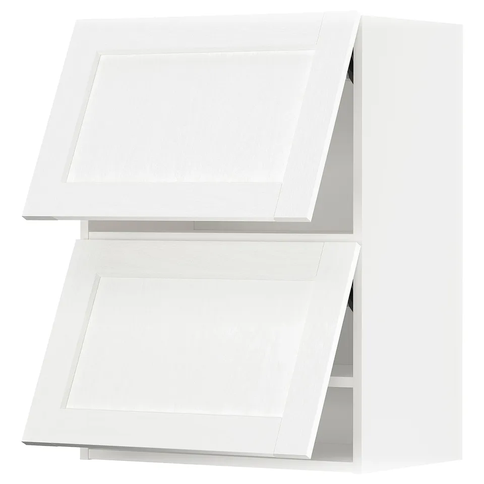White kitchen cabinet set with two doors and shelves. Modern, minimalist design.