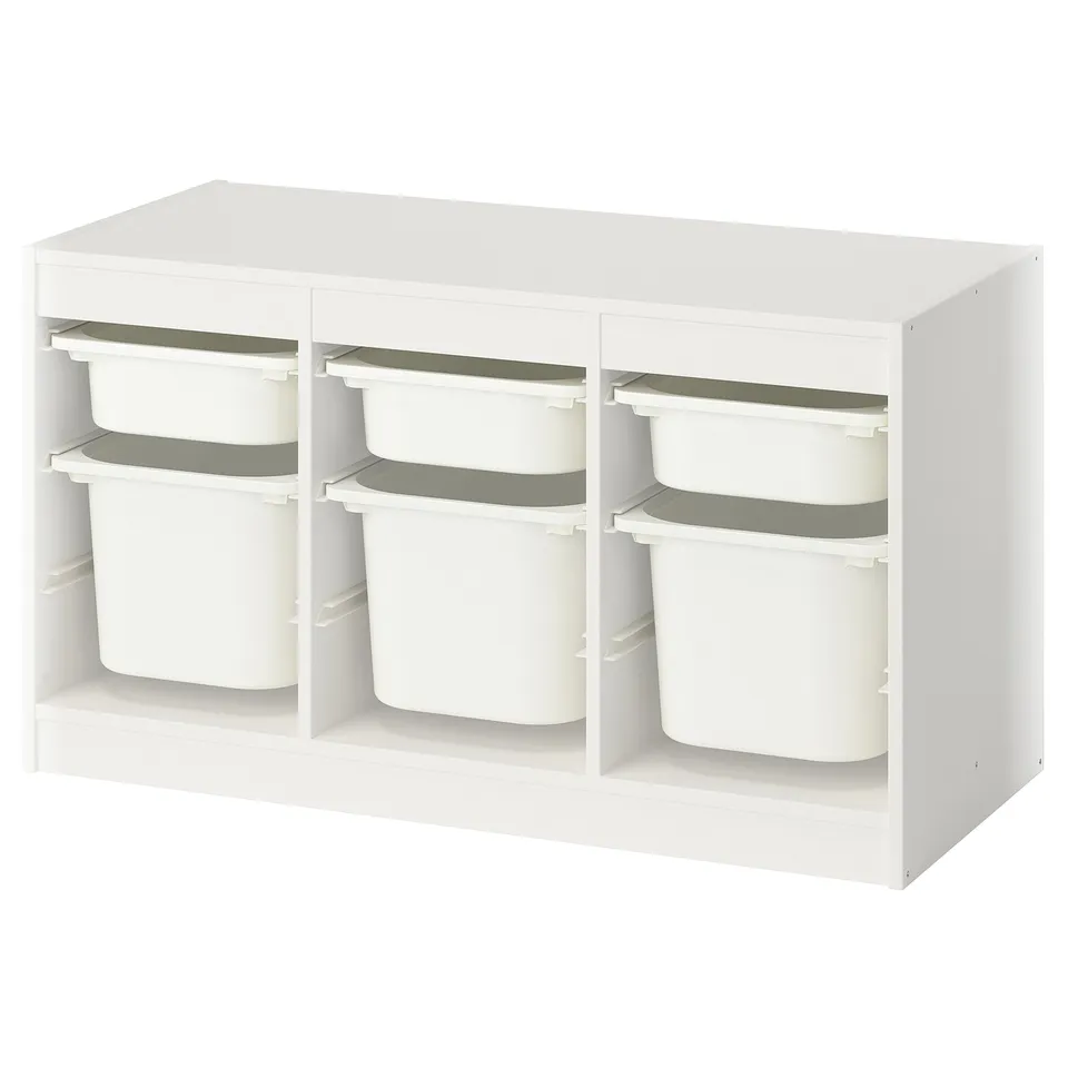 TROFAST storage unit, white, rectangular, open shelves, six plastic white bins, adjustable.