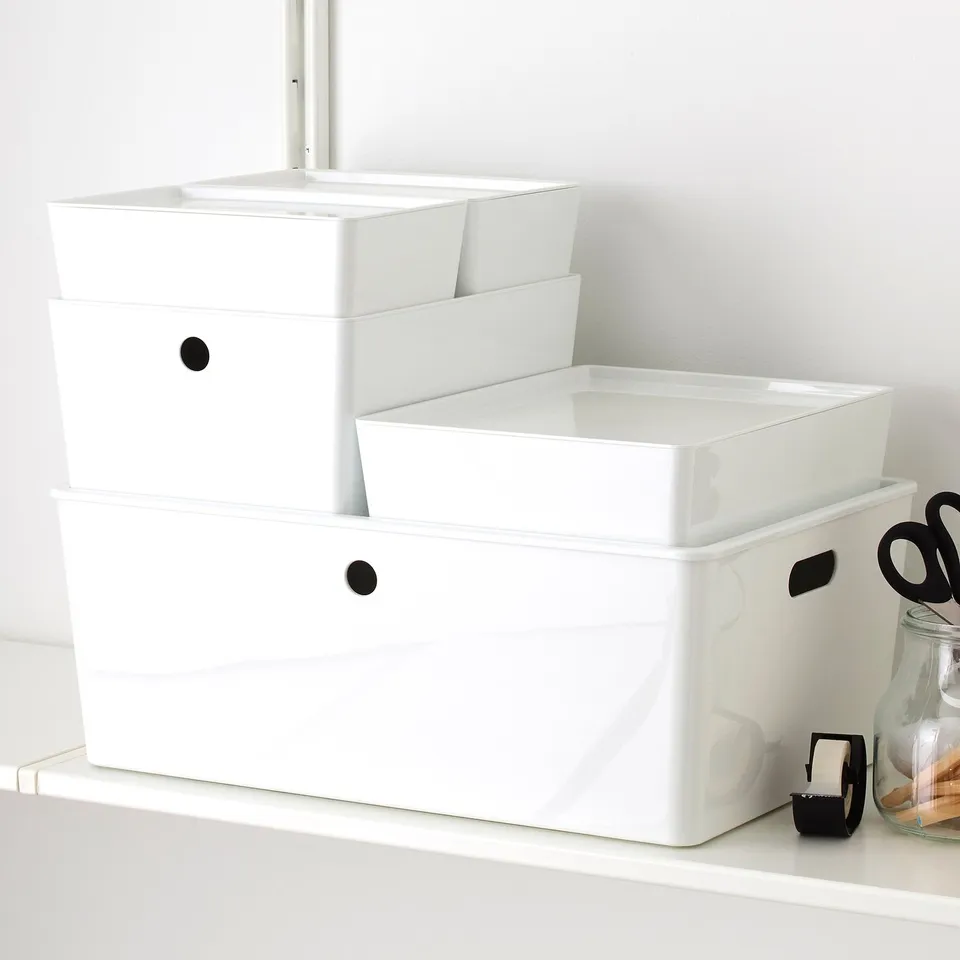 KUGGIS Box with lid, white/bamboo, 37x54x21 cm
