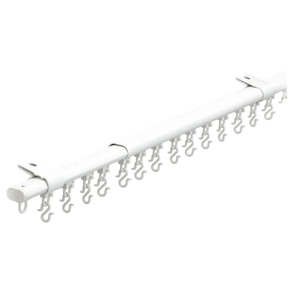 White FRAMFUSIG curtain rail set with telescopic rod, hooks, and adjustable parts.
