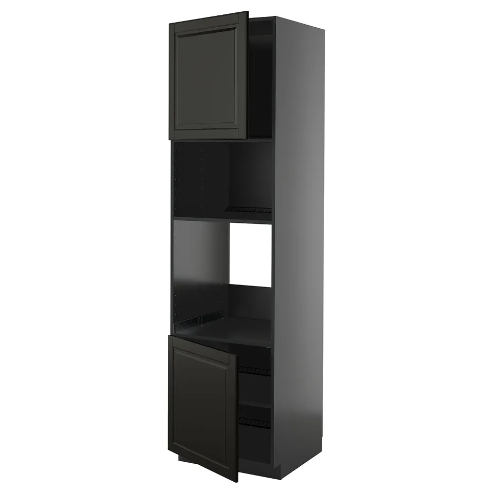 A sleek black METOD kitchen cabinet with a glossy finish, featuring an open door revealing adjustable shelves.