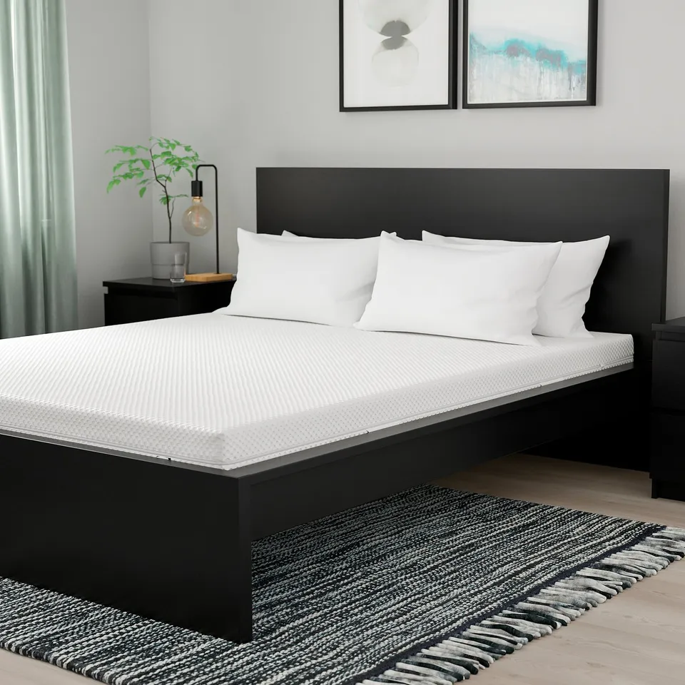 Modern bedroom with black mattress, white sheets, tall headboard, bedside table, plant, lamp, art, and black & white rug.