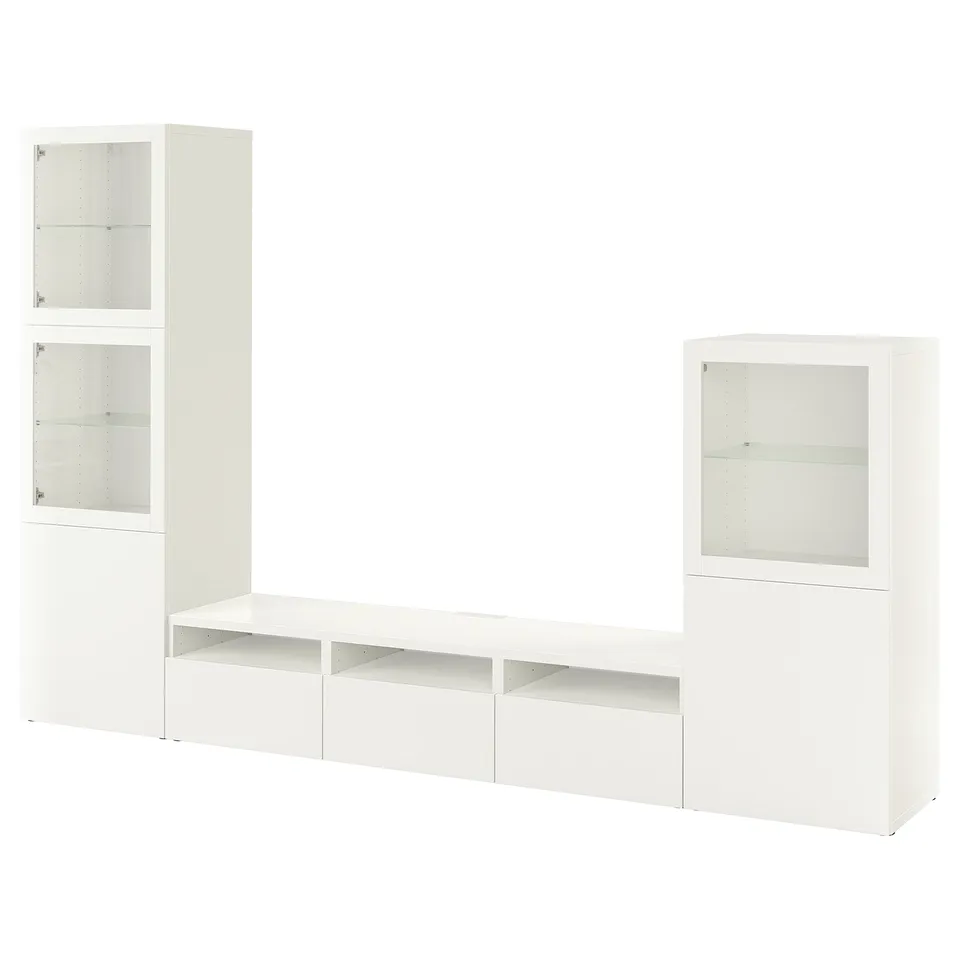 BESTÅ tv storage set with glass doors and shelves.