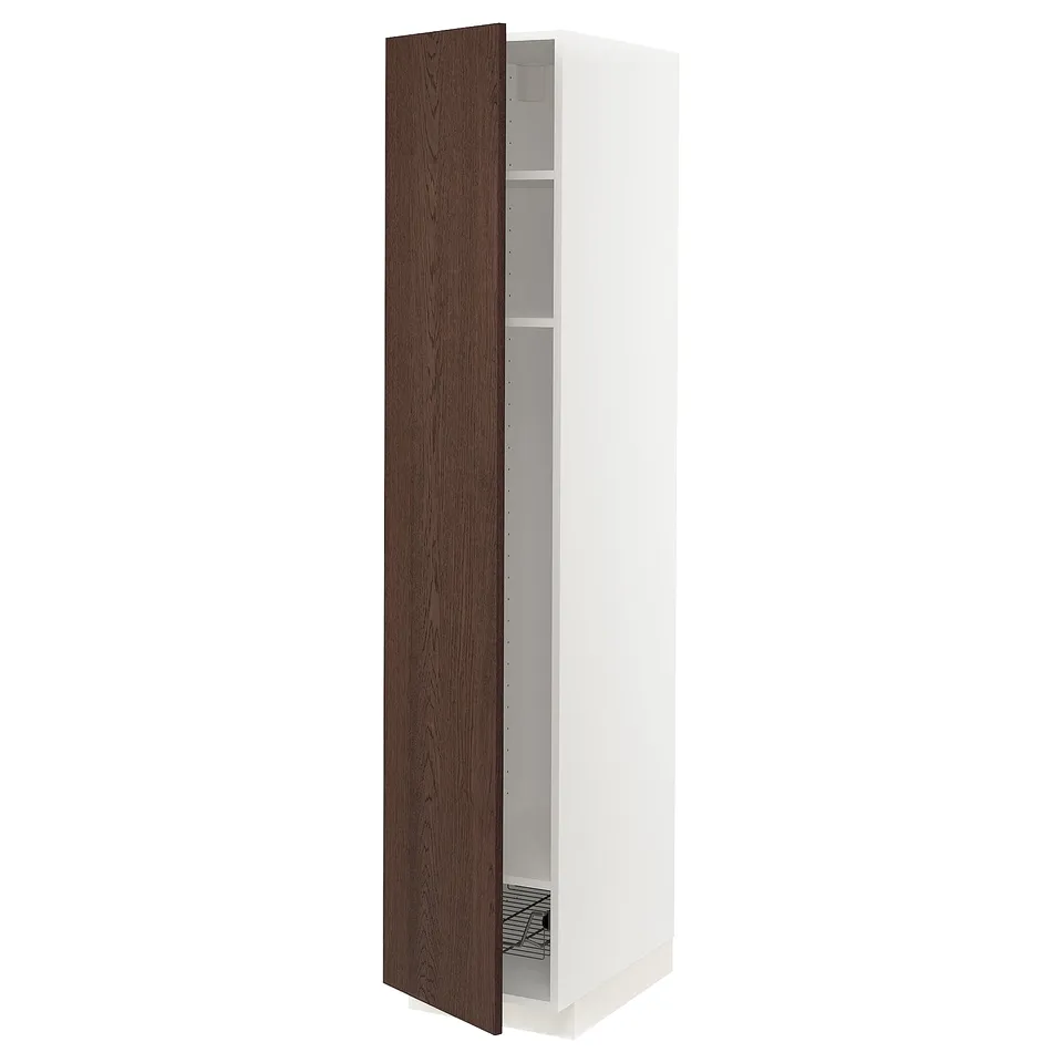 White ikea METOD tall kitchen cabinet with dark brown oak veneer door, adjustable shelf, and modern design.