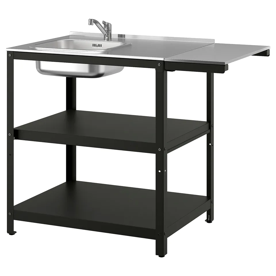 GRILLSKÄR black outdoor sink with stainless steel countertop, two dark shelves, square shape, chrome tap.