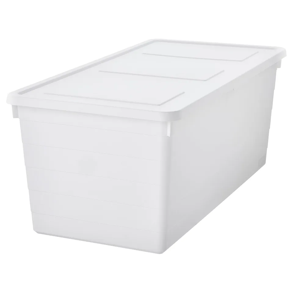A white SOCKERBIT storage box with a lid, featuring a rectangular shape and ventilation holes.