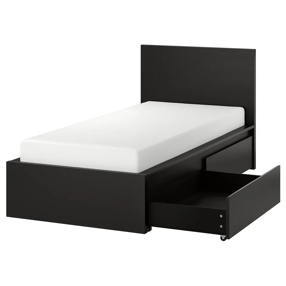 Black modern bed, MALM by IKEA, with high headboard and one visible large drawer, sleek design.