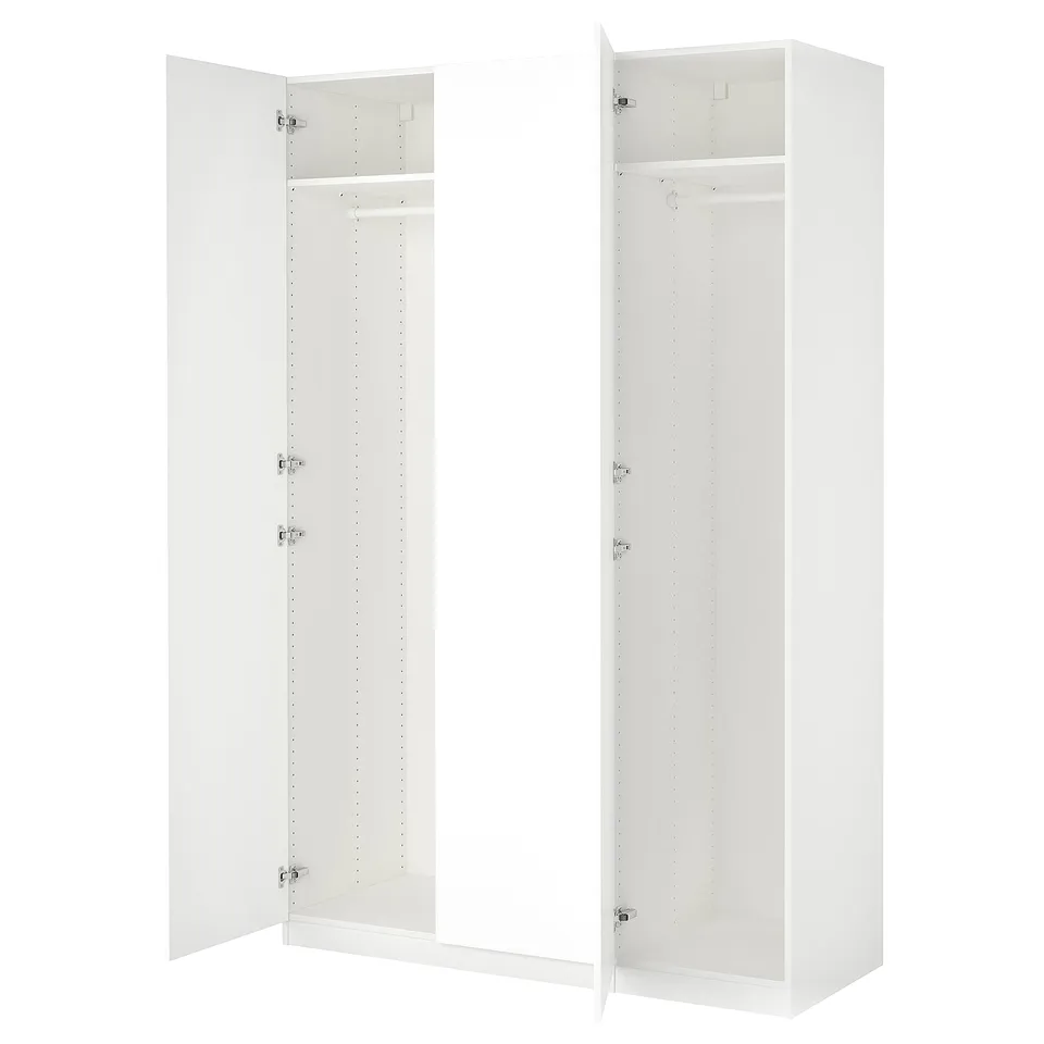 An open white ikea PAX wardrobe with shelves and a clothes rail.