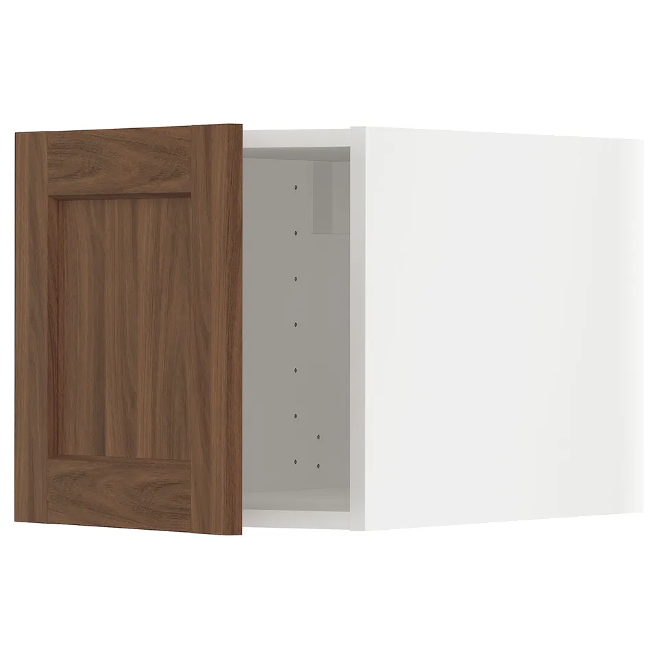 METOD kitchen cabinet with walnut finish, featuring a wooden door and grey interior.