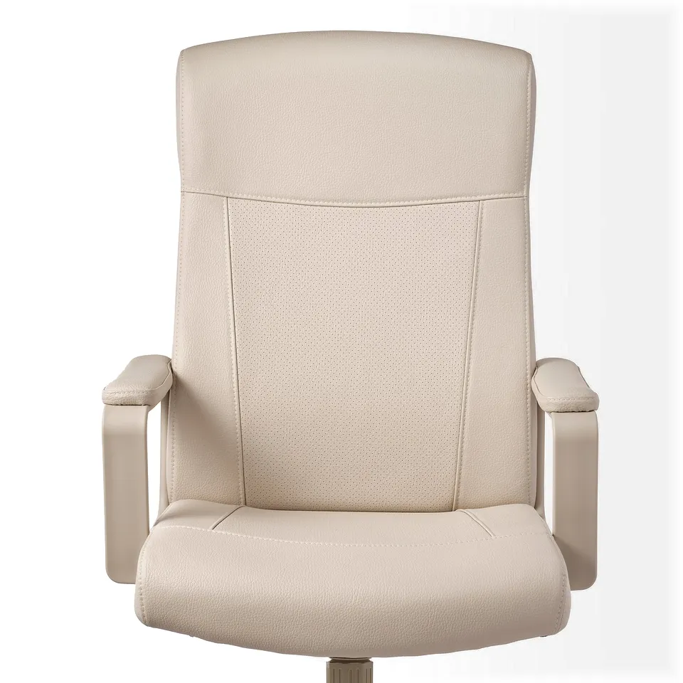 Elegant beige office chair with padded armrests and perforated back for breathability.