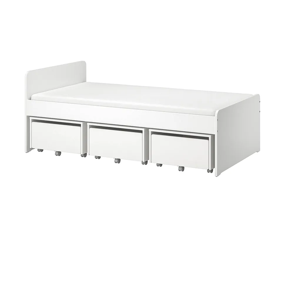 White SLÄKT kids bed with 3 storage drawers on wheels, modern minimalist design.
