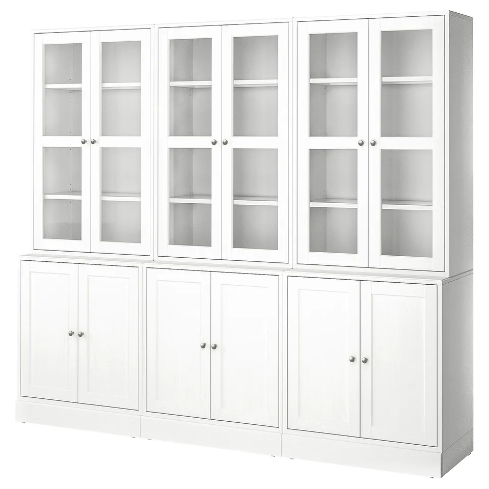 HAVSTA: white wooden cabinet with glass doors, rustic design, and soft-closing function.