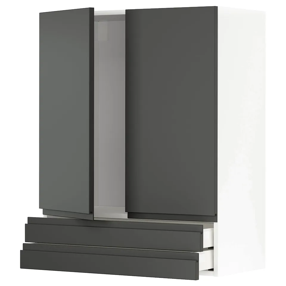 Modern grey kitchen cabinet set with integrated handles and wood texture, featuring both doors and drawers.
