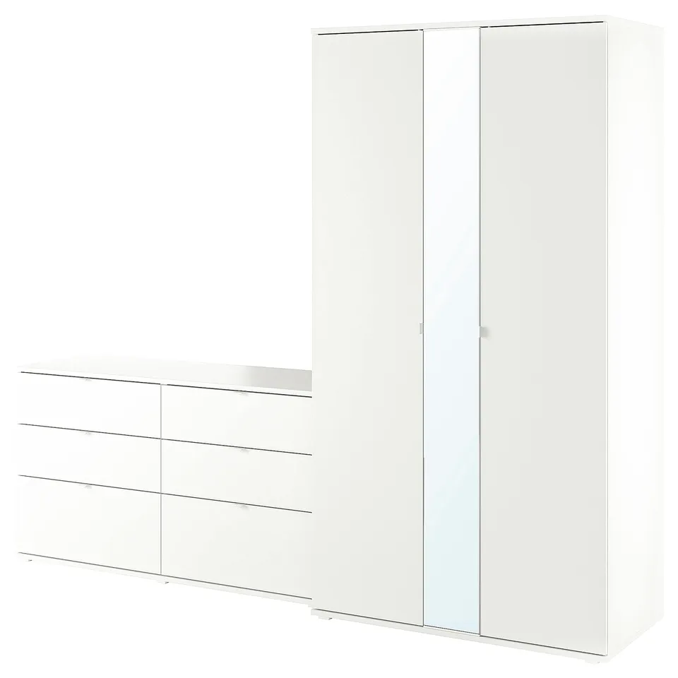 White VIHALS furniture set with wardrobe, mirrored chest, modern design.