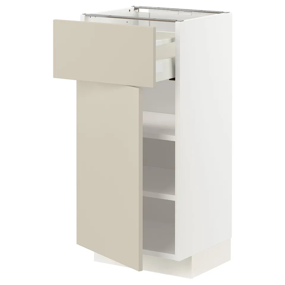 Vertical storage unit, white METOD system, beige havstorp fronts, adjustable shelves, sleek minimalist design.