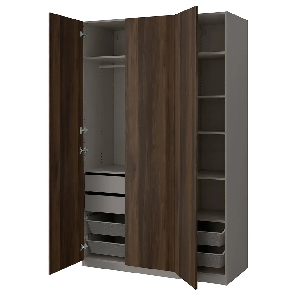 A grey and wood-colored wardrobe, PAX, featuring shelves and drawers for storage.