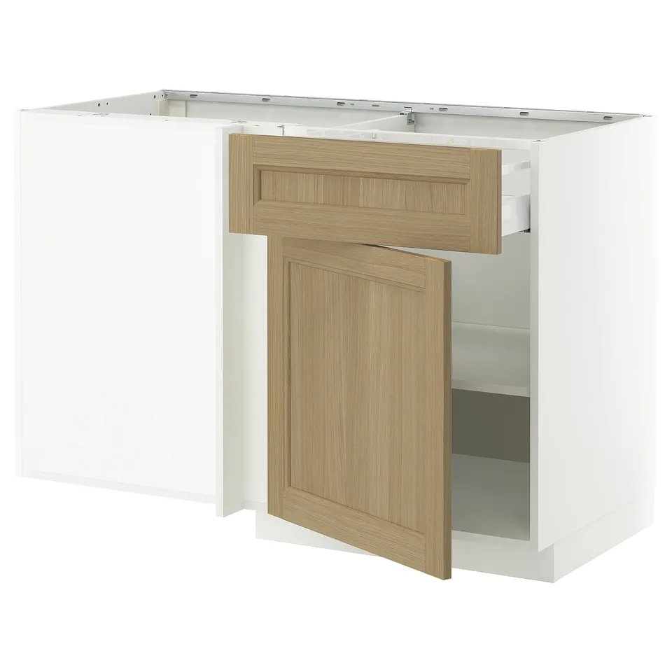 White METOD kitchen unit with oak drawers and cabinet.