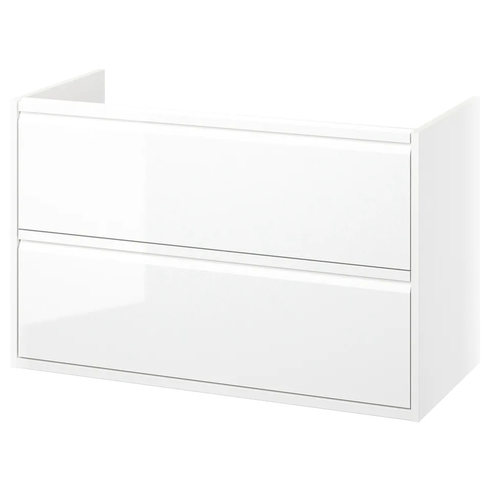 ÄNGSJÖN white bathroom cabinet, glossy finish, wall-mounted, two drawers.