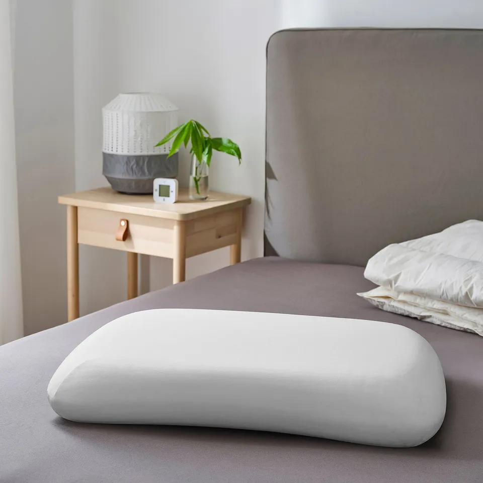Modern bedroom with ergonomic pillow, bedside table with lamp and plant.