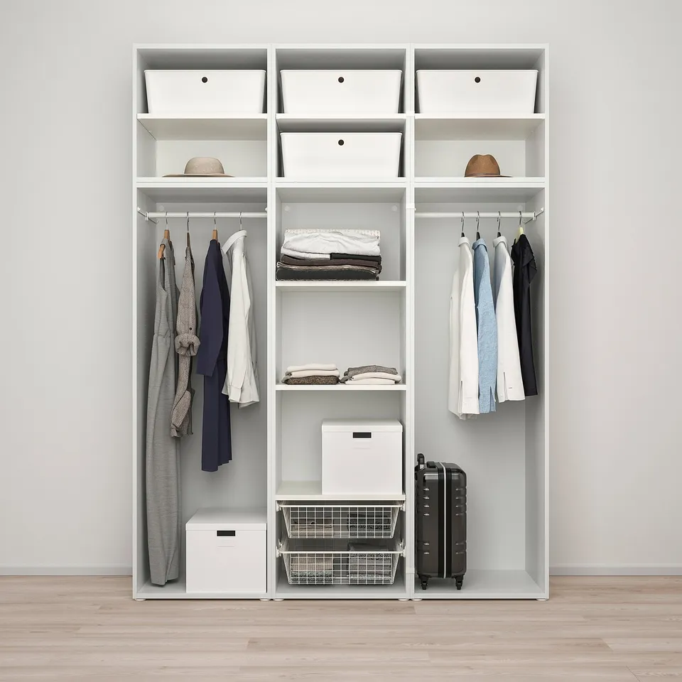 Modern closet with hooks, shelves, and bins for organised storage.