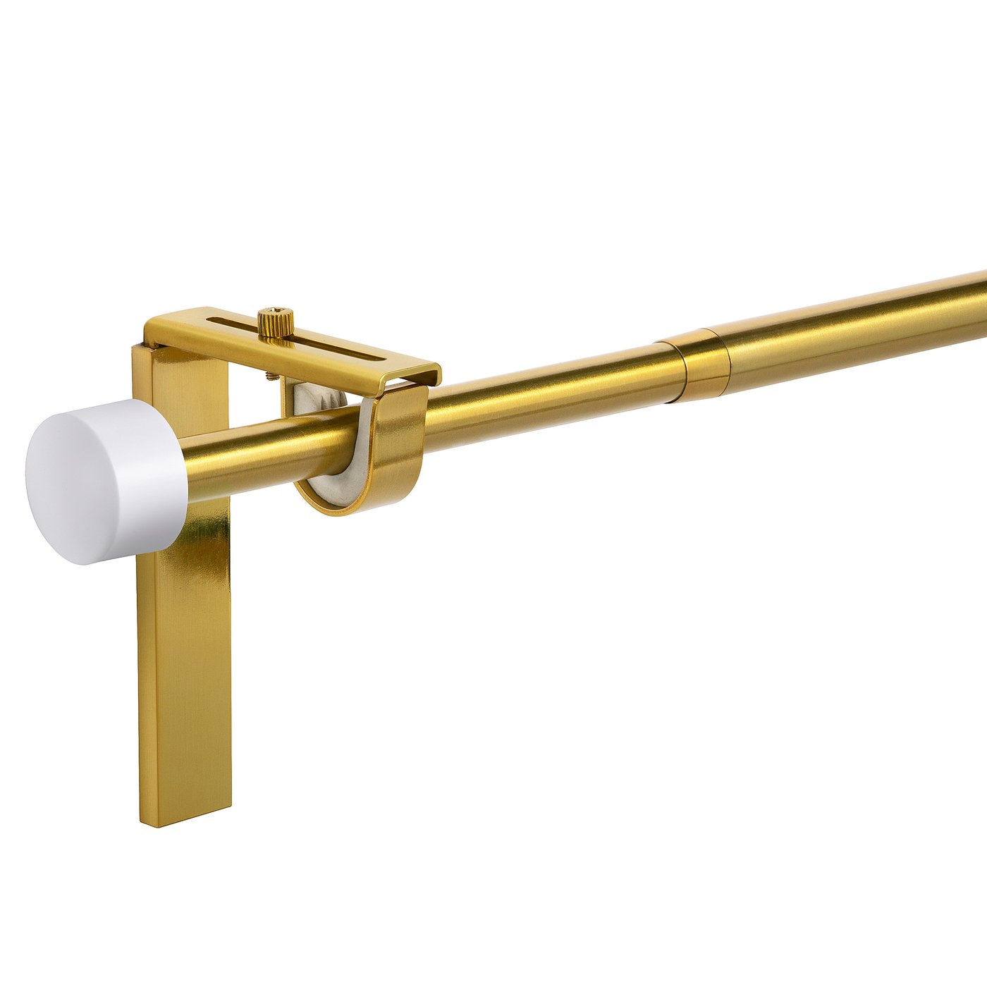 Gold adjustable curtain rod with white finial, showcasing flexible length and bracket attachment.