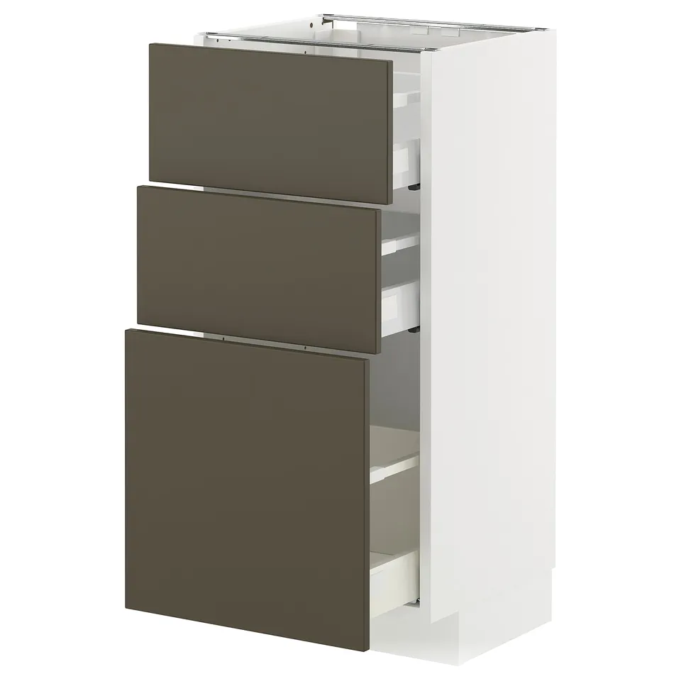 Modern white kitchen cabinet with 3 dark brown drawers, sturdy frame, sleek design.
