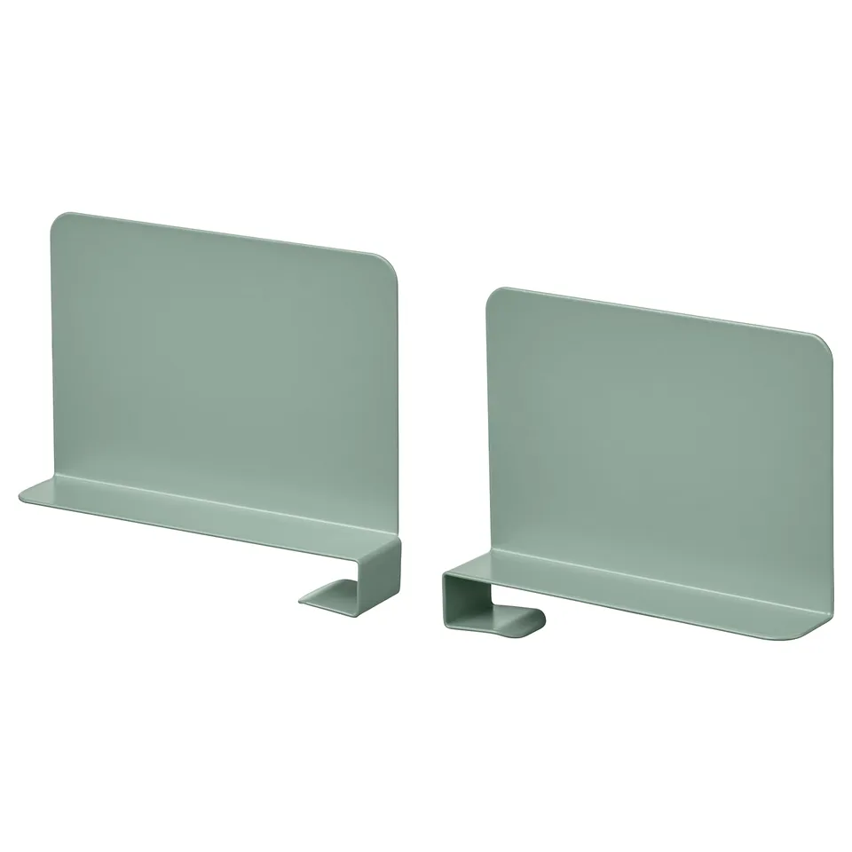 Two mint green metal bookends, rectangular shape, sleek design, ideal for organising books and shelves.
