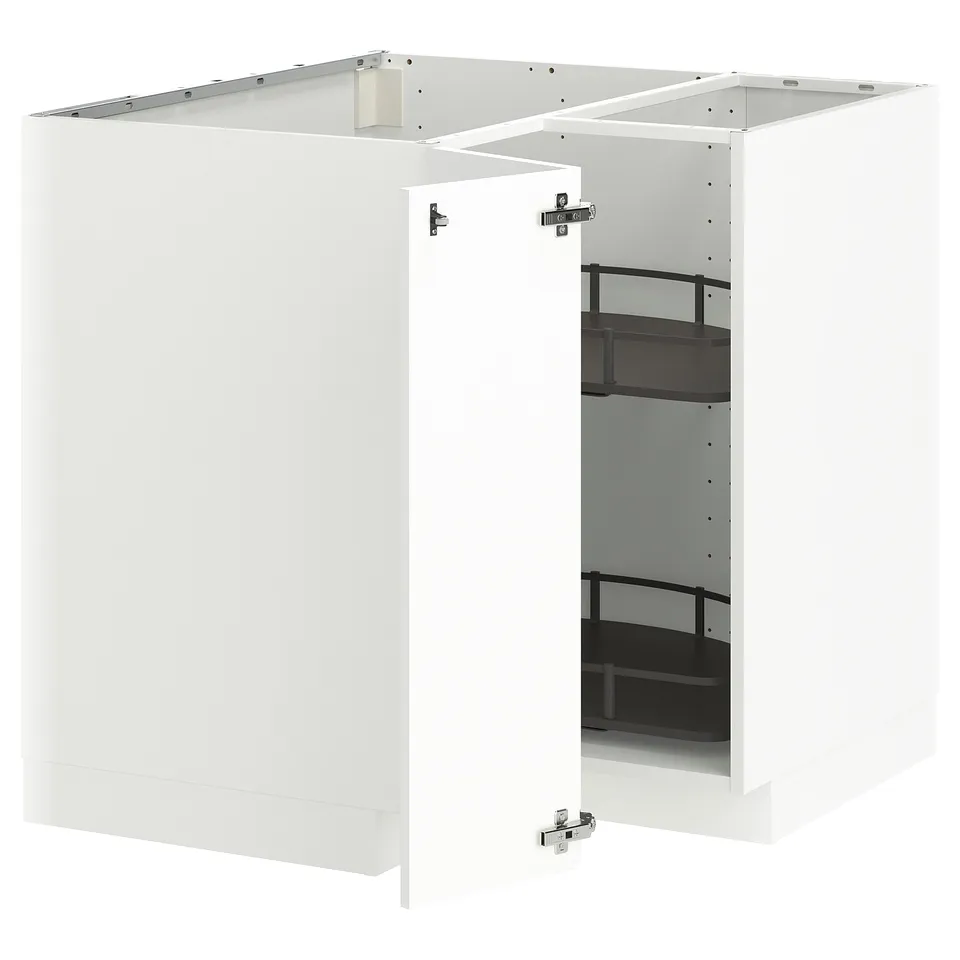 White kitchen cabinet set, modern, glossy, sturdy, with adjustable shelves.
