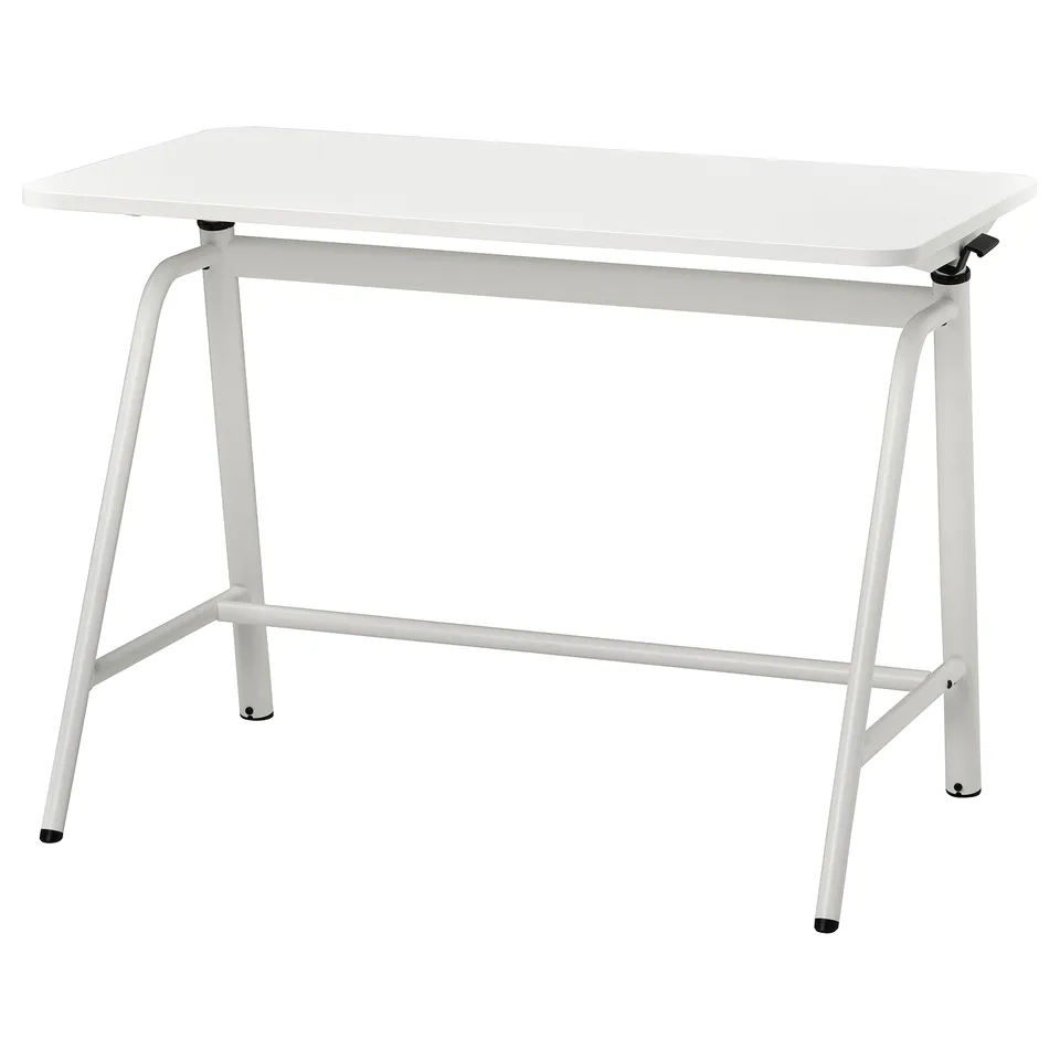 A white GLADHÖJDEN sit-stand desk with a smooth adjustable height feature, sleek design, and durable white surface.
