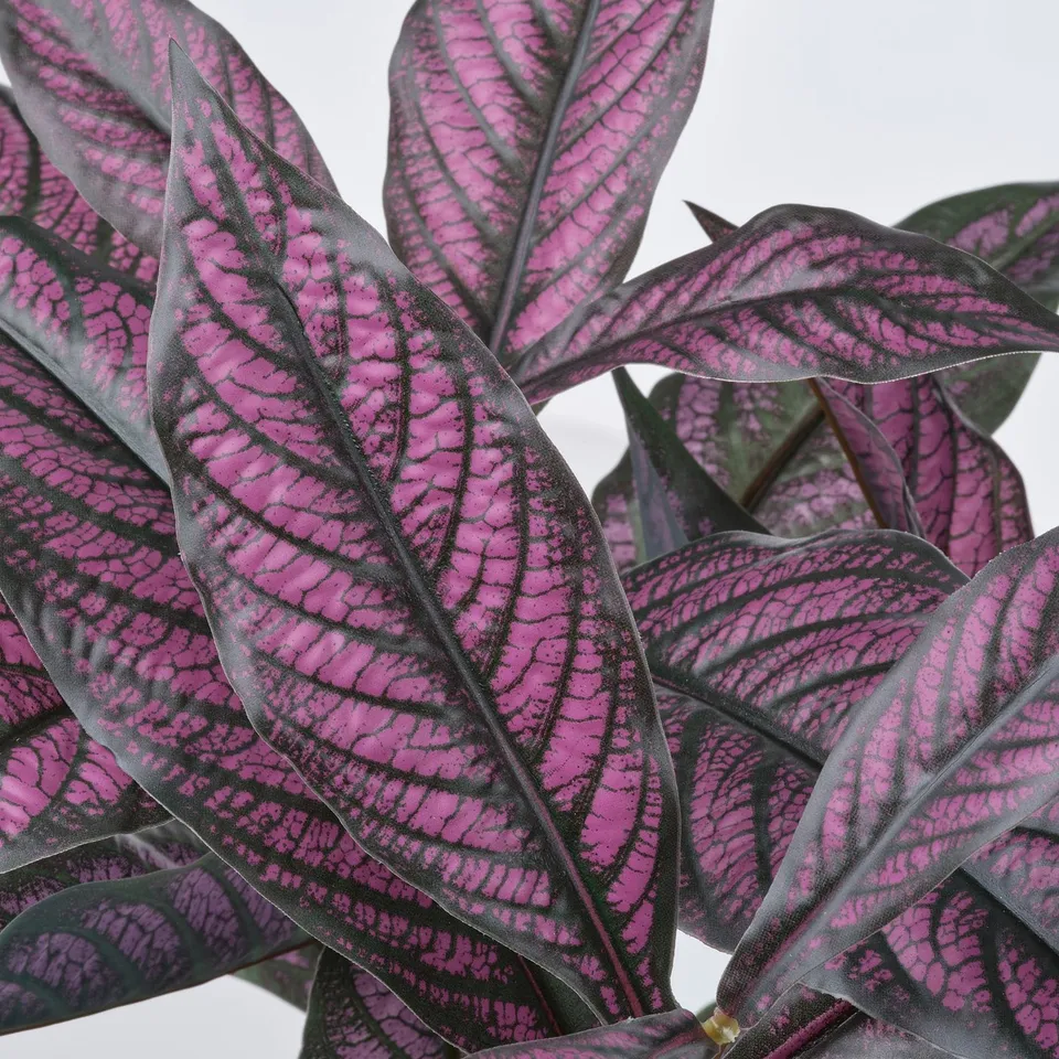 Artificial plant with vibrant purple and green leaves, arranged naturally. Recycled materials for eco-friendly decor.