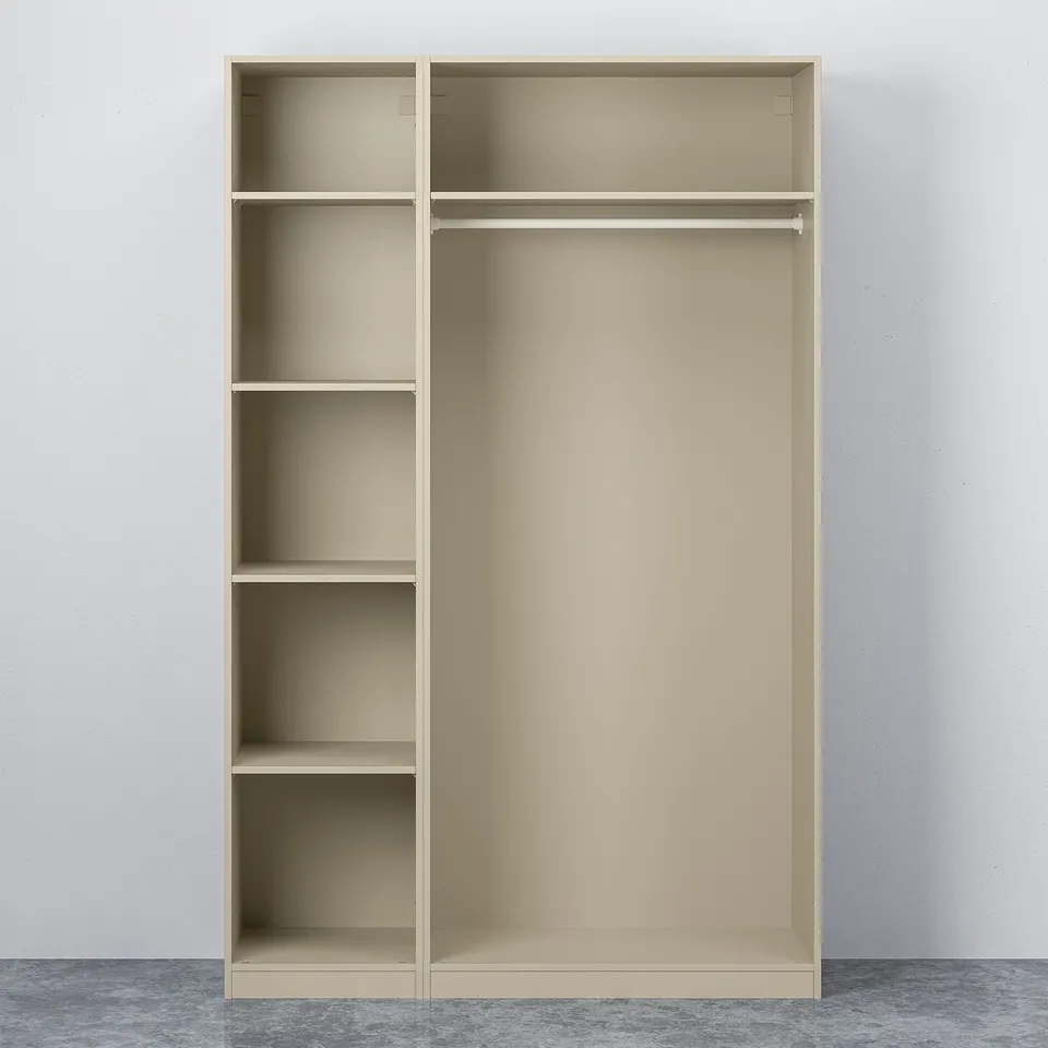 Large beige wardrobe with shelves and hanging rail. Adjustable interior for custom storage.